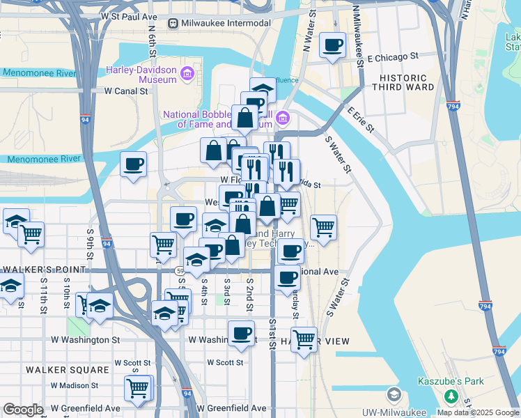 map of restaurants, bars, coffee shops, grocery stores, and more near 127 West Virginia Street in Milwaukee