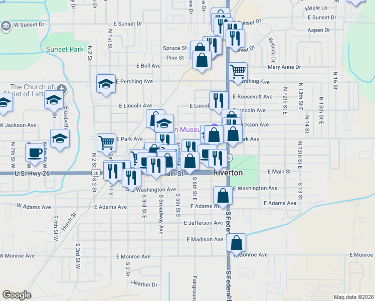 map of restaurants, bars, coffee shops, grocery stores, and more near 514 East Fremont Avenue in Riverton