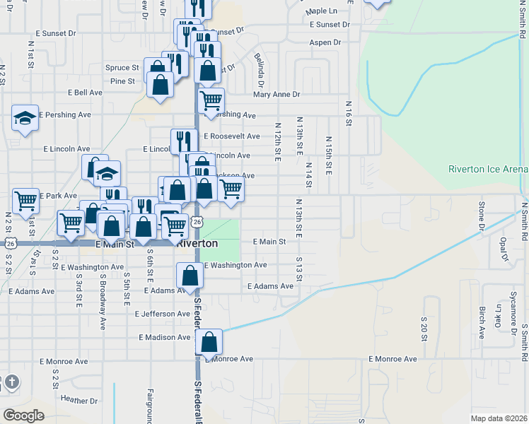 map of restaurants, bars, coffee shops, grocery stores, and more near 1112 East Fremont Avenue in Riverton