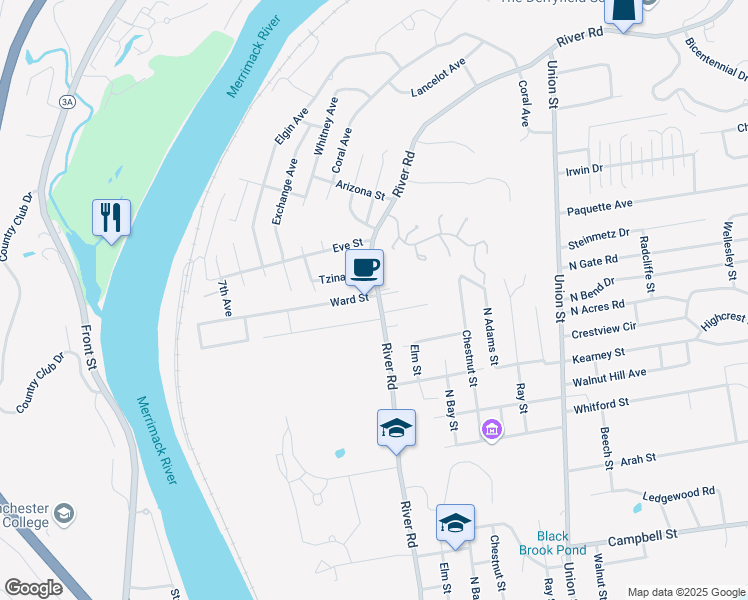 map of restaurants, bars, coffee shops, grocery stores, and more near 1362 River Road in Manchester