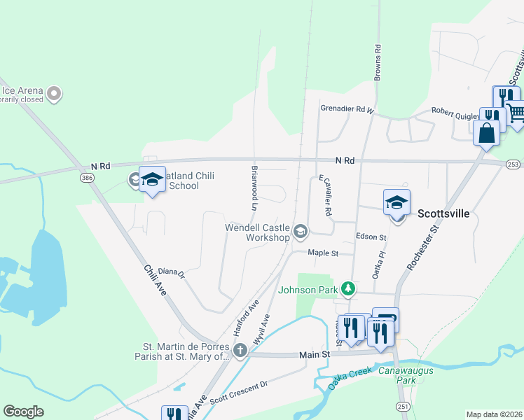 map of restaurants, bars, coffee shops, grocery stores, and more near 270 Briarwood Lane in Scottsville