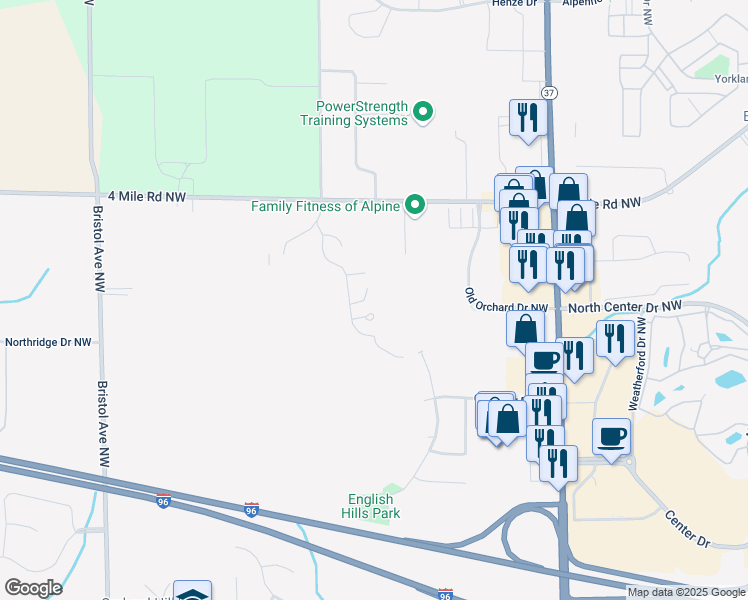 map of restaurants, bars, coffee shops, grocery stores, and more near 3333 Golfview Dr NW in Grand Rapids