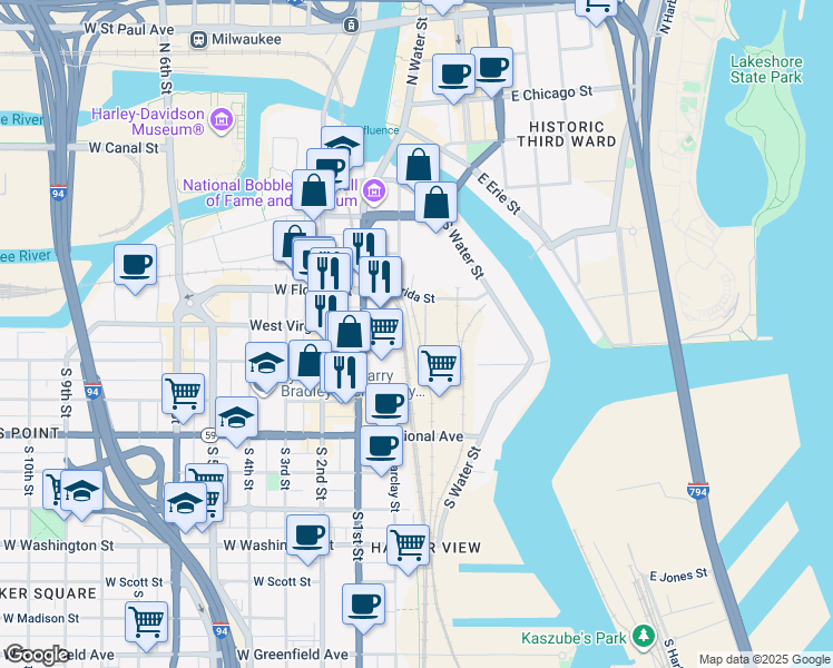 map of restaurants, bars, coffee shops, grocery stores, and more near 207 East Florida Street in Milwaukee