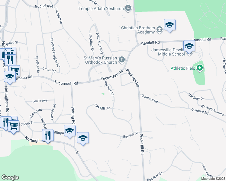 map of restaurants, bars, coffee shops, grocery stores, and more near 6228 Royal Birkdale in Jamesville
