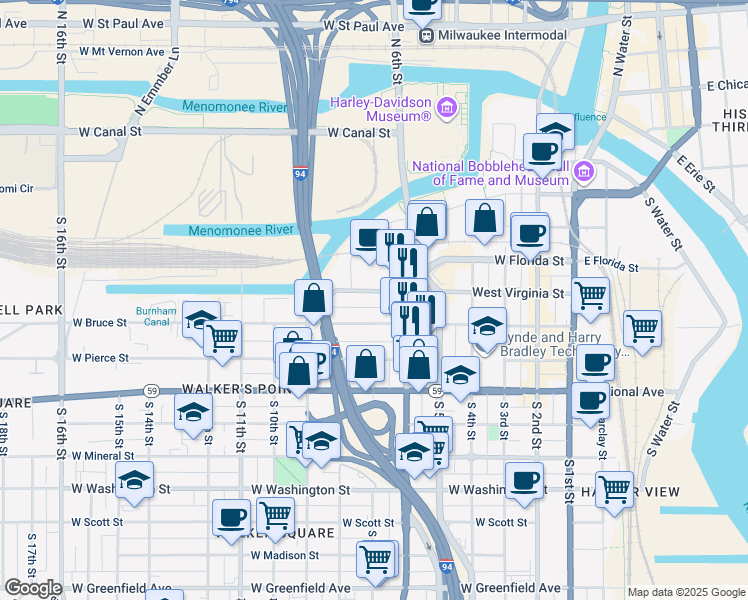 map of restaurants, bars, coffee shops, grocery stores, and more near 647 West Virginia Street in Milwaukee