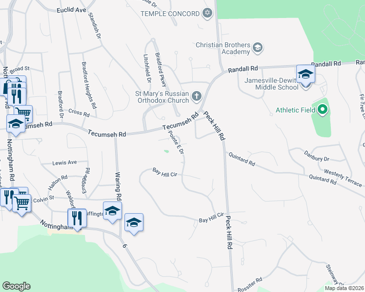 map of restaurants, bars, coffee shops, grocery stores, and more near 6228 Royal Birkdale in Jamesville