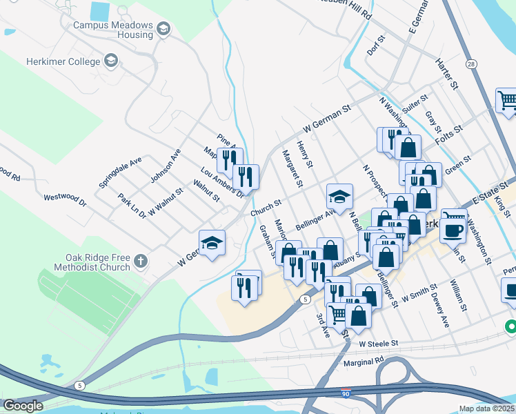 map of restaurants, bars, coffee shops, grocery stores, and more near 716 Church Street in Herkimer