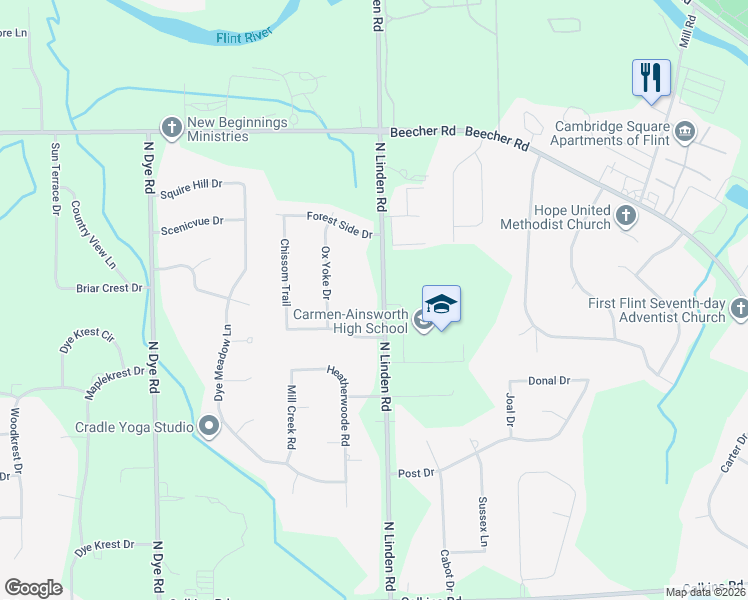 map of restaurants, bars, coffee shops, grocery stores, and more near 1333 North Linden Road in Flint