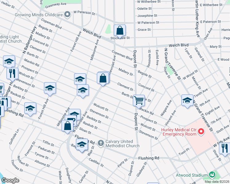 map of restaurants, bars, coffee shops, grocery stores, and more near 2009 Barth Street in Flint