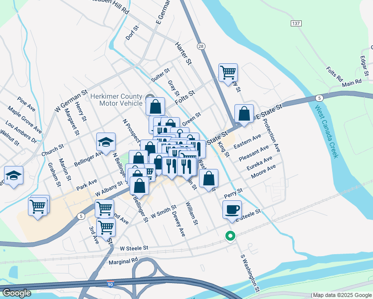 map of restaurants, bars, coffee shops, grocery stores, and more near 131 East Albany Street in Herkimer