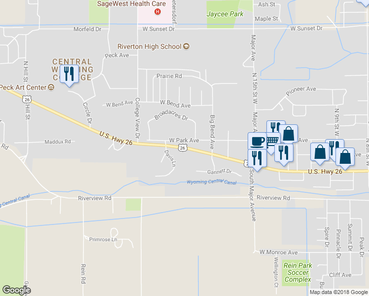 map of restaurants, bars, coffee shops, grocery stores, and more near 2009 West Main Street in Riverton
