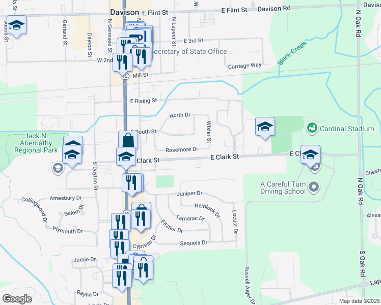 map of restaurants, bars, coffee shops, grocery stores, and more near 342 Rosemore Drive in Davison