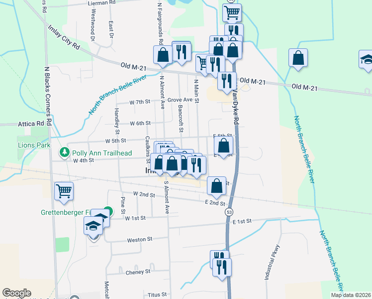 map of restaurants, bars, coffee shops, grocery stores, and more near 230 Bancroft Street in Imlay City