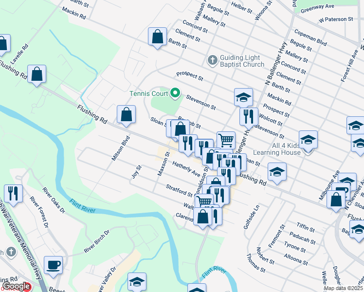 map of restaurants, bars, coffee shops, grocery stores, and more near 3104 Flushing Road in Flint