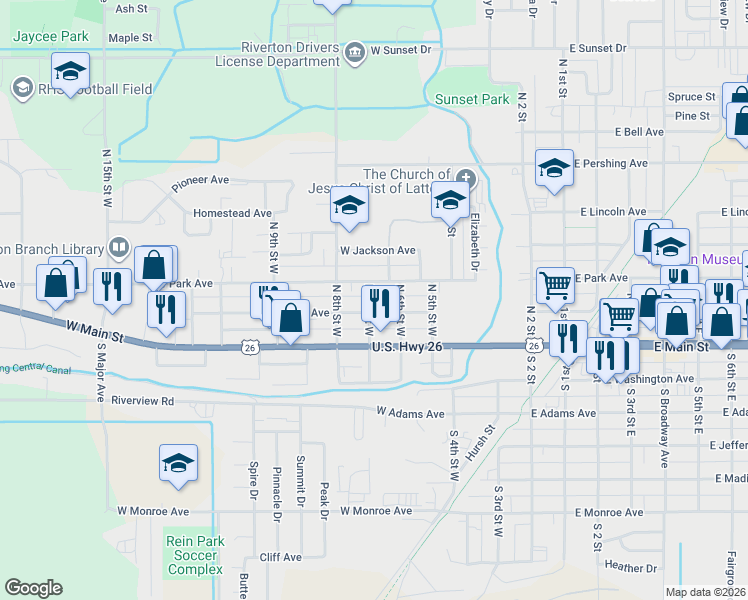 map of restaurants, bars, coffee shops, grocery stores, and more near 211 North 7 Street in Riverton