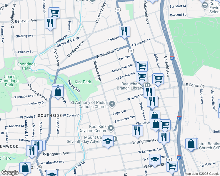map of restaurants, bars, coffee shops, grocery stores, and more near 302 West Beard Avenue in Syracuse