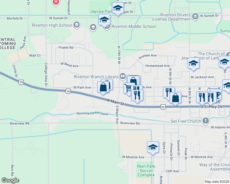 map of restaurants, bars, coffee shops, grocery stores, and more near 1524 West Main Street in Riverton