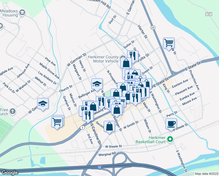 map of restaurants, bars, coffee shops, grocery stores, and more near 207 North Prospect Street in Herkimer