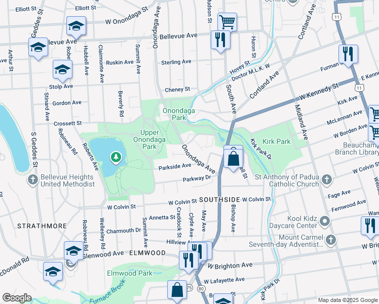 map of restaurants, bars, coffee shops, grocery stores, and more near 100 Eloise Terrace in Syracuse