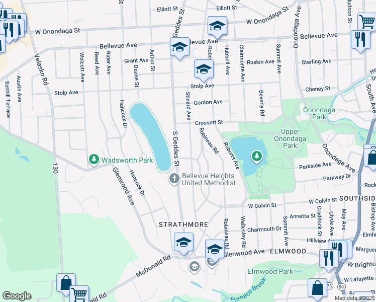 map of restaurants, bars, coffee shops, grocery stores, and more near 105 Twin Hills Drive in Syracuse