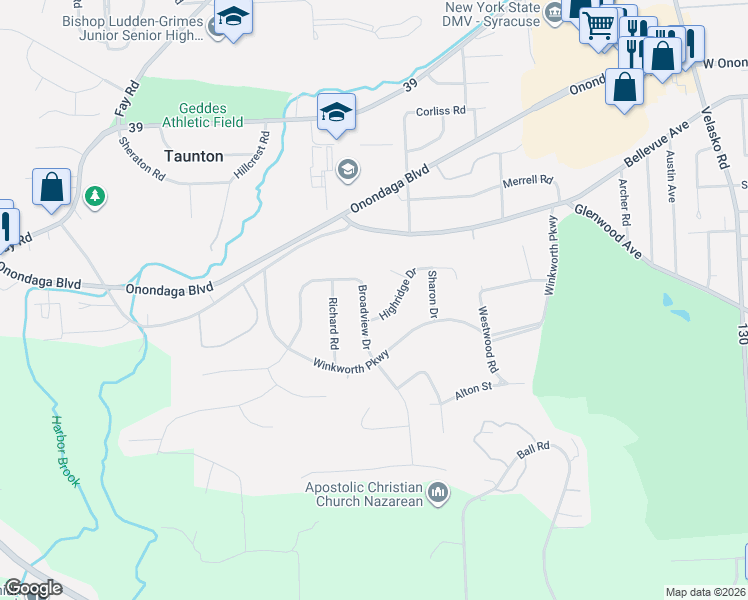 map of restaurants, bars, coffee shops, grocery stores, and more near 109 Broadview Drive in Syracuse