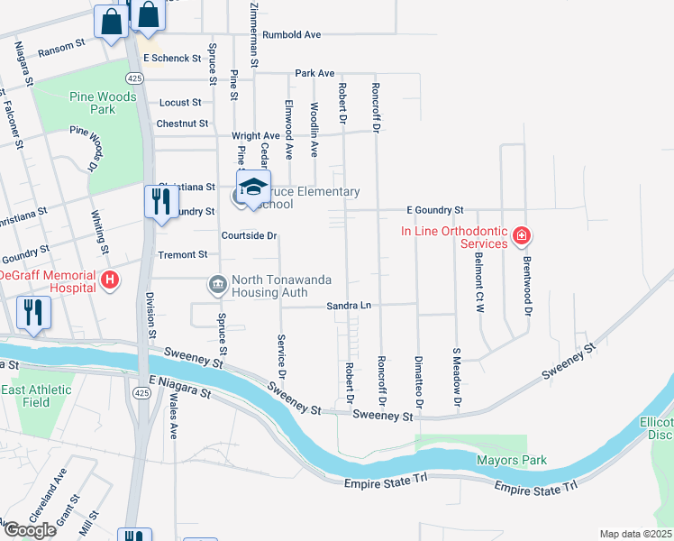 map of restaurants, bars, coffee shops, grocery stores, and more near 208 Robert Drive in North Tonawanda