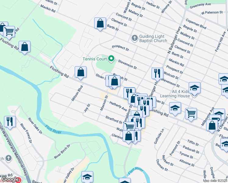 map of restaurants, bars, coffee shops, grocery stores, and more near 3104 Flushing Road in Flint