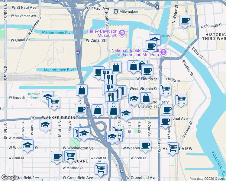 map of restaurants, bars, coffee shops, grocery stores, and more near in Milwaukee