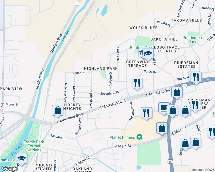 map of restaurants, bars, coffee shops, grocery stores, and more near 1814 Cardinal Drive in Waukesha