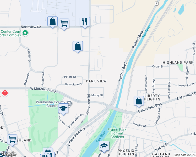 map of restaurants, bars, coffee shops, grocery stores, and more near 364 Gascoigne Drive in Waukesha