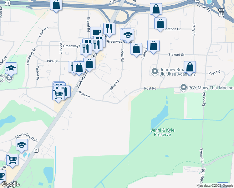 map of restaurants, bars, coffee shops, grocery stores, and more near 1300 Post Road in Fitchburg