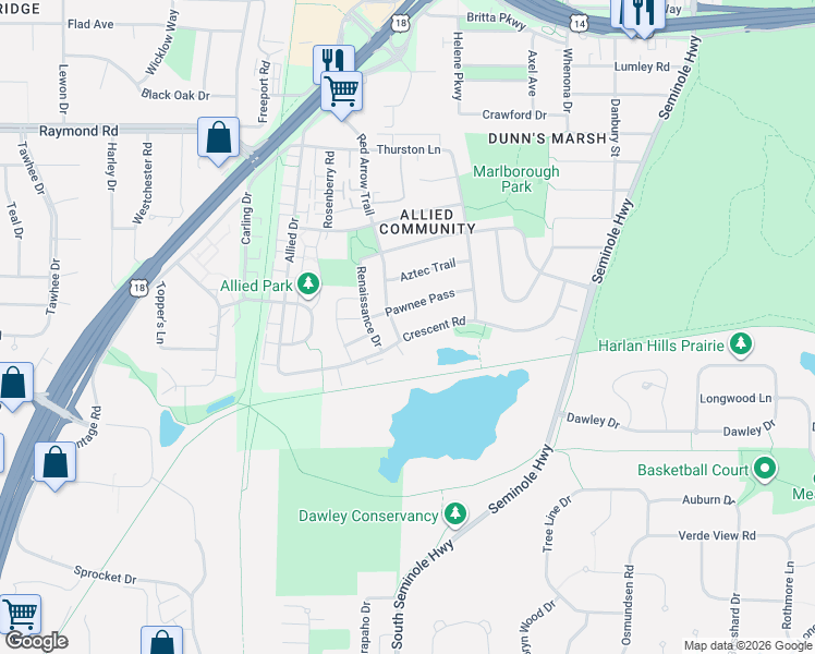 map of restaurants, bars, coffee shops, grocery stores, and more near 2510 Red Arrow Trail in Fitchburg