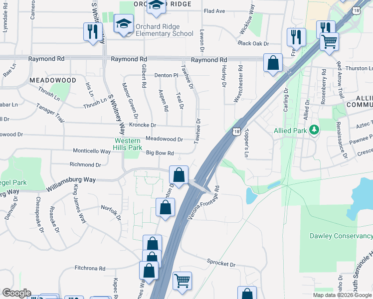 map of restaurants, bars, coffee shops, grocery stores, and more near 5218 Big Bow Road in Fitchburg