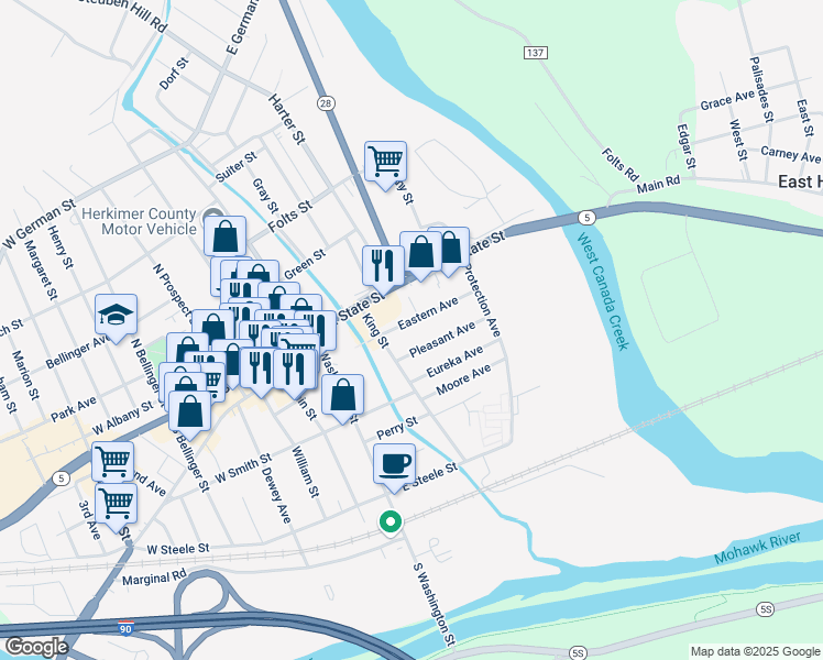map of restaurants, bars, coffee shops, grocery stores, and more near 316 Eastern Ave in Herkimer
