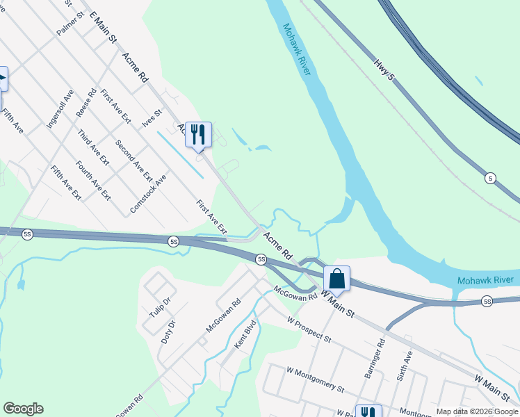 map of restaurants, bars, coffee shops, grocery stores, and more near 4321 Acme Road in Ilion