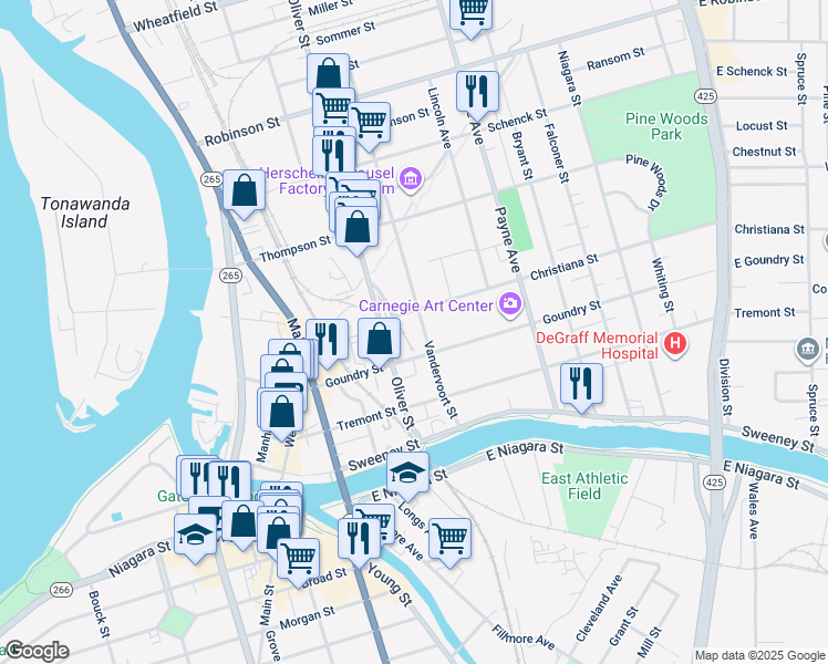 map of restaurants, bars, coffee shops, grocery stores, and more near 114 Vandervoort Street in North Tonawanda