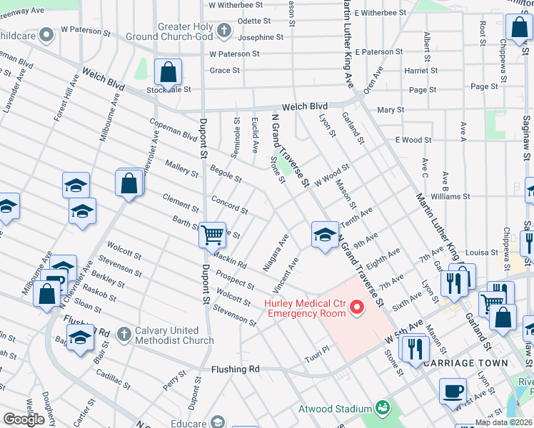 map of restaurants, bars, coffee shops, grocery stores, and more near 1405 Caldwell Avenue in Flint