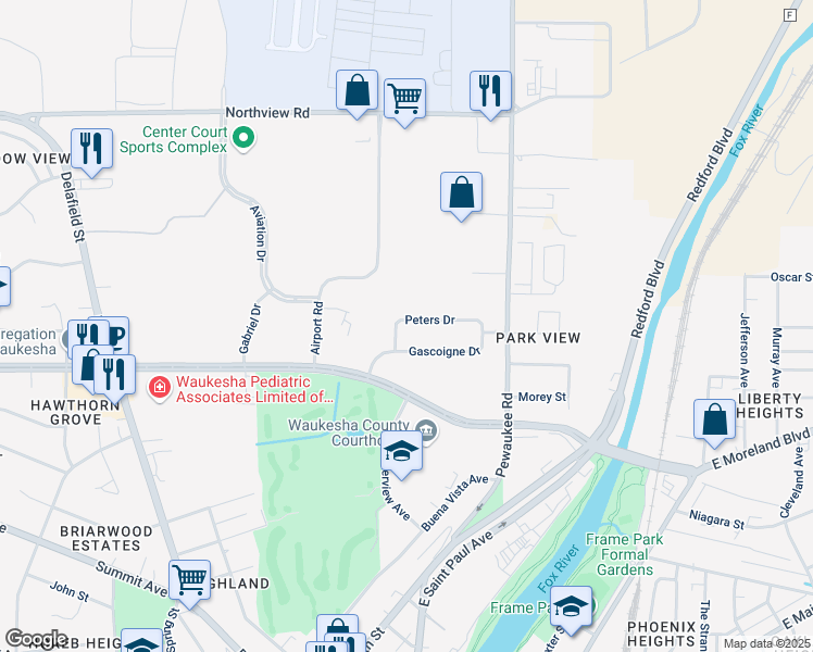 map of restaurants, bars, coffee shops, grocery stores, and more near 529 Peters Drive in Waukesha