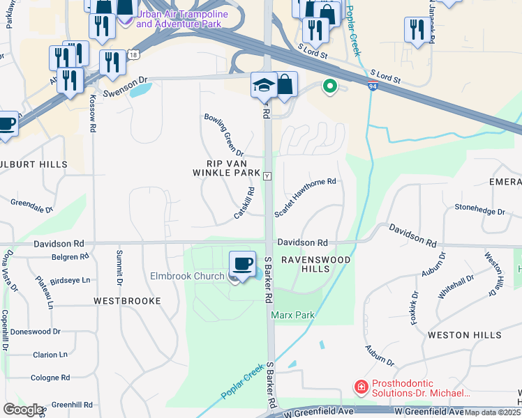 map of restaurants, bars, coffee shops, grocery stores, and more near 20420 Rip Van Winkle Road in Waukesha