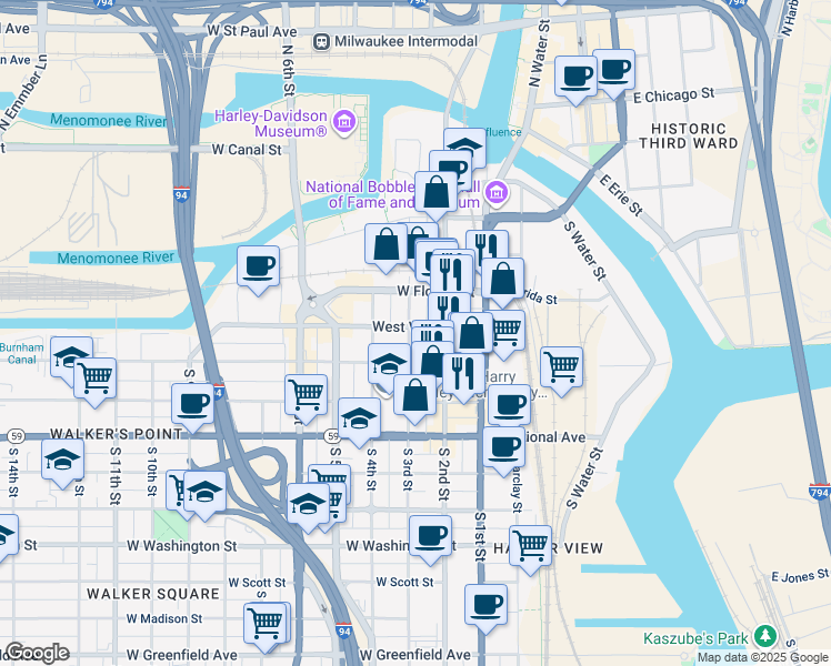 map of restaurants, bars, coffee shops, grocery stores, and more near 500 South 3rd Street in Milwaukee