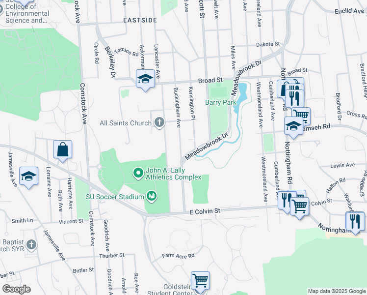map of restaurants, bars, coffee shops, grocery stores, and more near 449 Buckingham Avenue in Syracuse