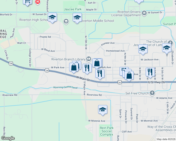 map of restaurants, bars, coffee shops, grocery stores, and more near 1415 West Park Avenue in Riverton