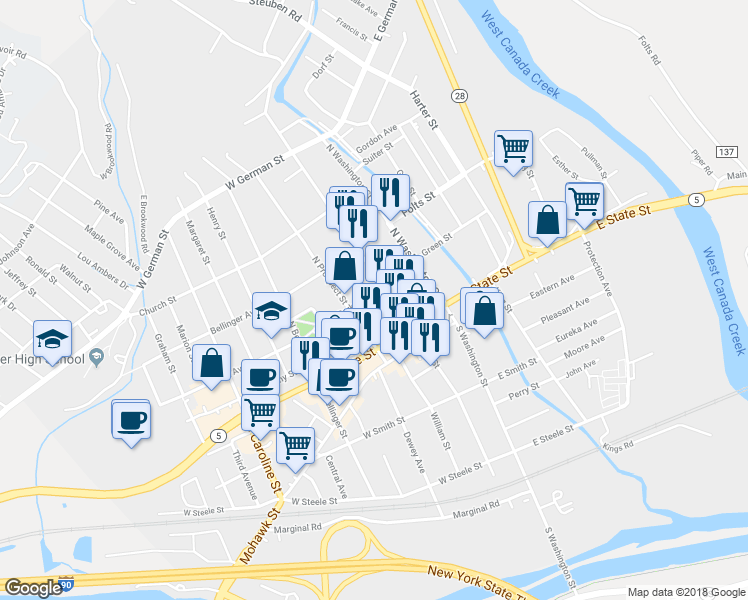 map of restaurants, bars, coffee shops, grocery stores, and more near 111 Park Avenue in Herkimer