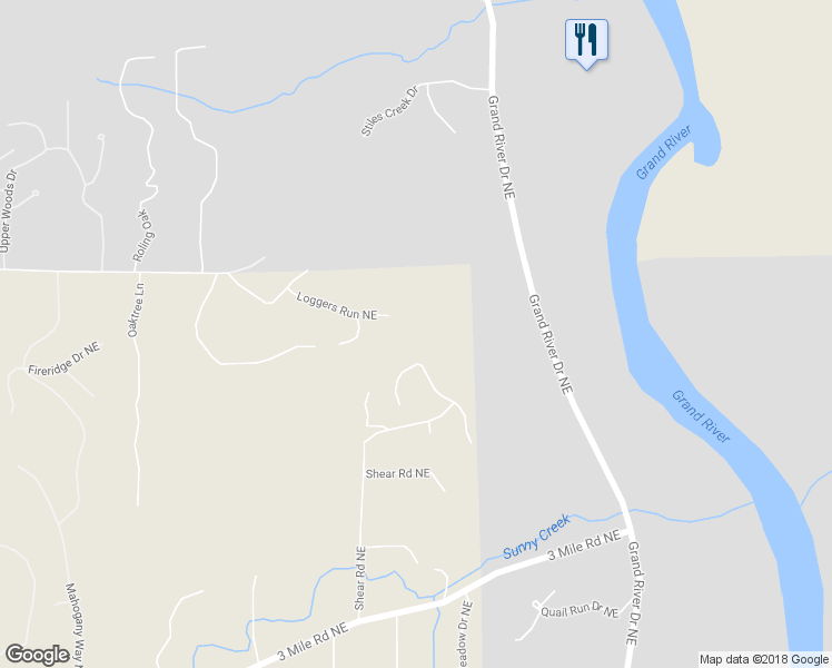 map of restaurants, bars, coffee shops, grocery stores, and more near 4574 Loggers Run Northeast in Grand Rapids