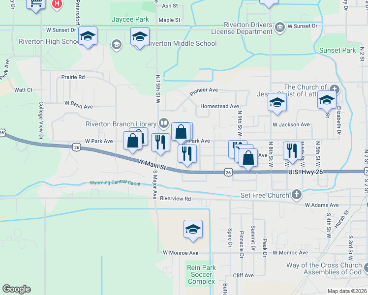 map of restaurants, bars, coffee shops, grocery stores, and more near 1184 West Main Street in Riverton