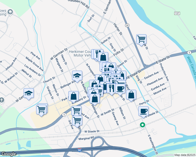 map of restaurants, bars, coffee shops, grocery stores, and more near 135 Park Avenue in Herkimer
