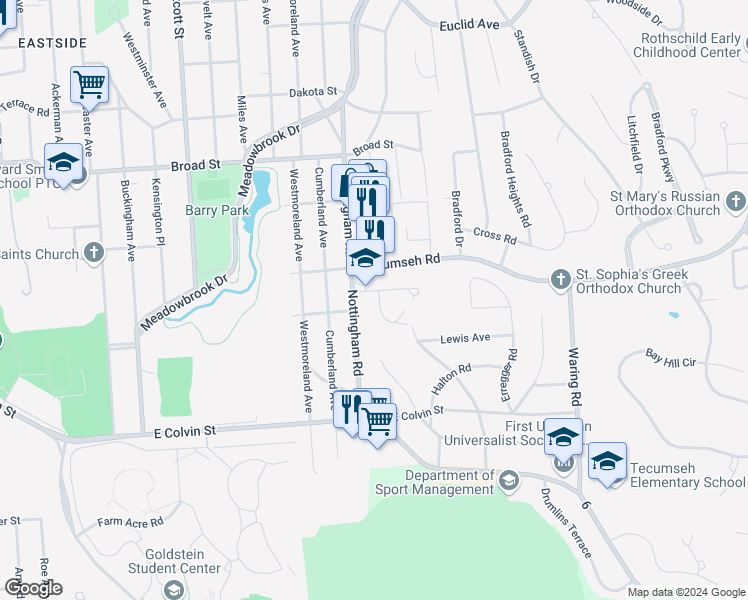 map of restaurants, bars, coffee shops, grocery stores, and more near 155 Waldorf Parkway in Syracuse
