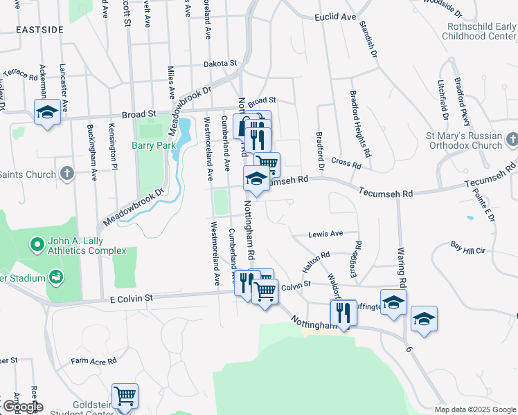 map of restaurants, bars, coffee shops, grocery stores, and more near 155 Waldorf Parkway in Syracuse