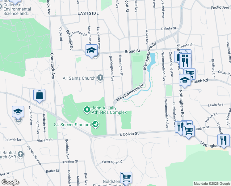 map of restaurants, bars, coffee shops, grocery stores, and more near 449 Buckingham Avenue in Syracuse