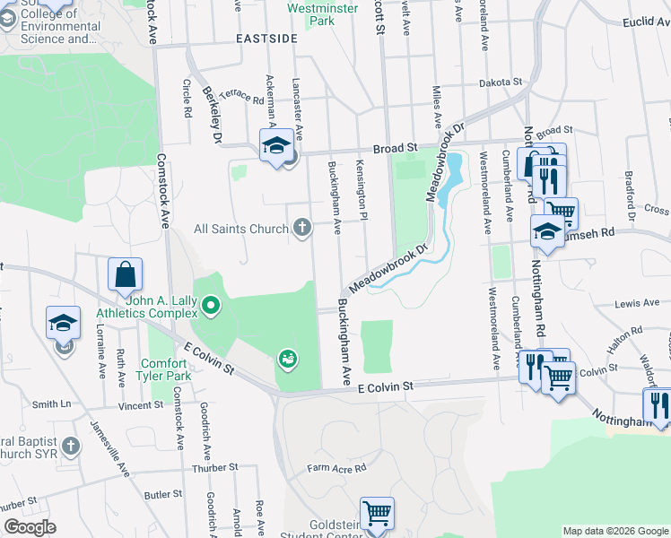 map of restaurants, bars, coffee shops, grocery stores, and more near 449 Buckingham Avenue in Syracuse